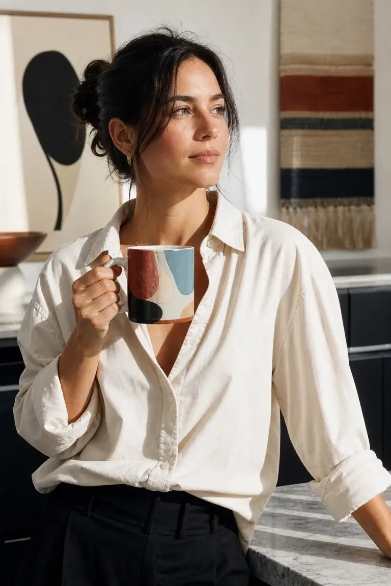 Editorial visual of a gift maker holding a ceramic mug with abstract artwork