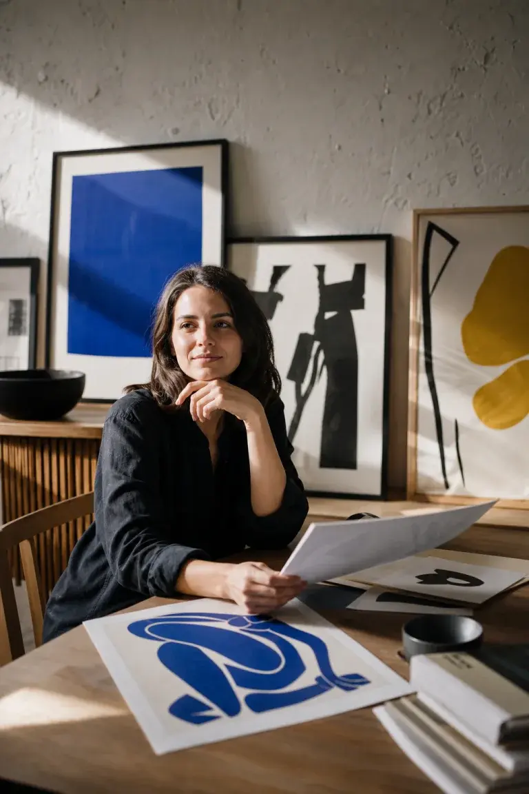 Editorial visual of a shop customer reviewing curated art prints in a home studio